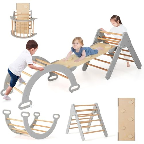 COSTWAY 4 in 1 Set da Arrampicata per Bambini, Giocattoli da Arrampicata a Triangolo con Triangolo Arco e Salita, Ideale per Bambini 1 Anni + (Grigio)