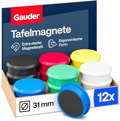 GAUDER Magnete für Magnettafel - Starke Whiteboard- und Kühlschrankmagnete - Runde Tafelmagnete für Büro, Schule & Haushalt (31 x 10 mm - 12 Stück - bunt)