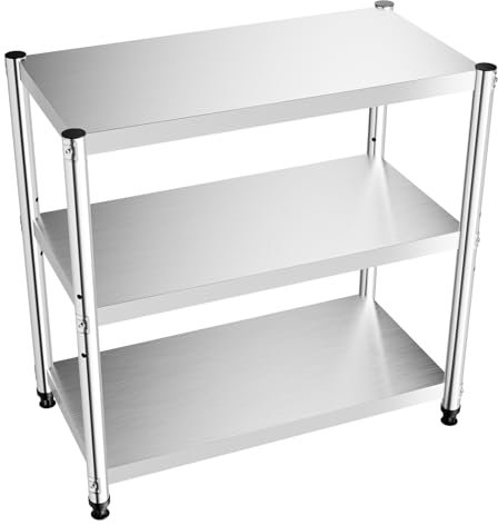 JJsdwin 3 Ebenen Edelstahl Regal, Schwerlastregal für Küche, Garage und Werkstatt, Edelstahltisch Gastronomie 80 x 80 x 40 cm, bis 60kg