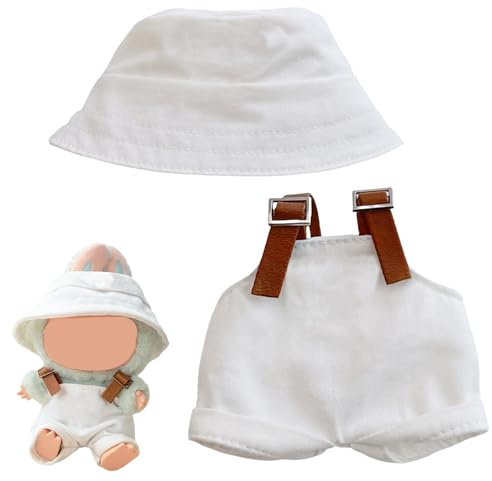 GWAWG Vetement Poupée 17 cm, Ensemble de Vêtements Noir et Blanc avec Salopette & Chapeau, Accessoires Poupée en Peluche pour Fille, Cadeau Anniversaire ou Collection (Blanc)