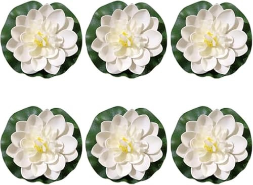 6 Pcs White Artificial Lotus Flowers Large Floating Lotus Flowers Faux Flowers Water Lily Flowers Fish Pond Plants with Artificial Lily Pads, Home Decor Flowers