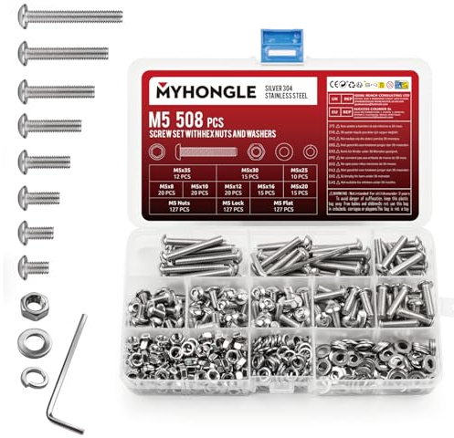 508 Pcs M5 Screws Set, M5 Bolts and Nuts Set, Assorted Nuts and Bolts Sets, Hex Socket Head Cap Screw with Washers, Pan Round Head Machine Screws Assortment Kit (508Pcs M5)