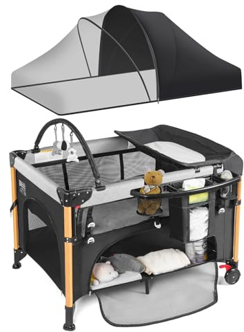 Baby Bassinet 5 in 1 Pack and Play,Baby Crib Adjustable Beside Sleeper One-Second &One-Hand Setup,Portable Playard Foldable Playpen for Newborn,Babies and Toddlers with Changing Table,Mattress (Black)