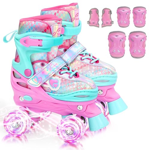 Sportneer Rollschuhe Kinder Mädchen, EU 23-36 Rainbow Rollschuhe Kinder 4 Größen Verstellbar mit SchutzausrüStung, Roller Skates Kids für Anfänger Weihnachts und Geburtstags Geschenke