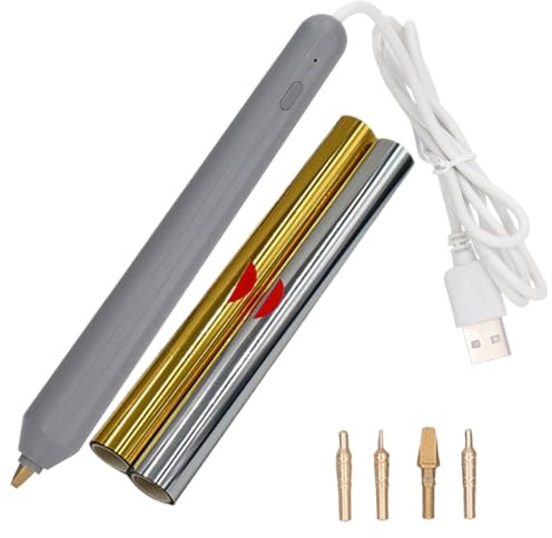 Hot Foil Pen Kit with 4 Size Tips & 2 Foil Rolls(Gold+Silver) USB Powered Drawing Pens Multipurpose Hot Stamping Machine Heat Quill Pen for Card Making, Scrapbooking Tools Stamping Machine