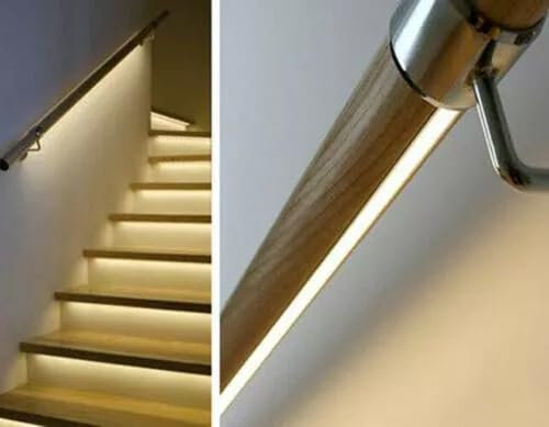 LED Handrail Kit 3.6m Lighting Mopstick Rail Banister Brushed Chrome End Caps Brackets with PIR Sensor (Pine Mopstick, Cool White - 6000K)