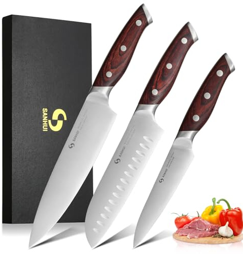 SANHUI Küchenmesser Set 3-tlg, ultrascharfes Kochmesserset | Hochkohlenstoff-Edelstahl, 8’‘ Kochmesser, 7’‘ Santoku Messer und ein 5’‘ Allzweckmesser,ideal für Hobbyköche und Profiköche