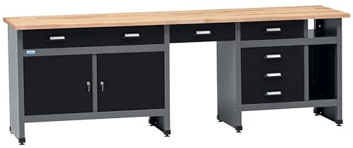 Küpper Workshop 12289 - Banco da lavoro con 6 cassetti, 2 ante, 300 kg, superficie di lavoro in faggio massiccio da 30 mm, colore: nero, 240 x 84 x 60 cm
