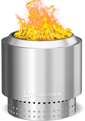 HongTaok 38 cm Brasero Exterieur, Foyer Portable sans Émission de Fumée, pour Camping Terrasse Extérieure, Bac à Cendres Amovible, Acier Inoxydable, Tisonnier de Feu et Sac Étanche
