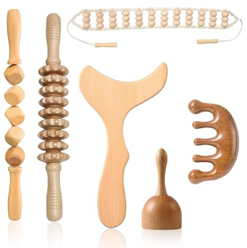 Massageverktygssats för träterapi, 6 i 1, trä Maderoterapia lymfatisk dräneringssats med fasciaruller, Gua Sha, kroppsskulpteringsverktyg för kroppskonturering och formning