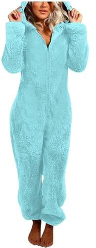 Vhersily Pijama entero para mujer de forro polar con cremallera y capucha Otoño Invierno Cálido Loungewear Mono entero Suave y Cómodo Pijama de Noche Suave Mono Grueso Y2K Blusa Lactancia, verde menta
