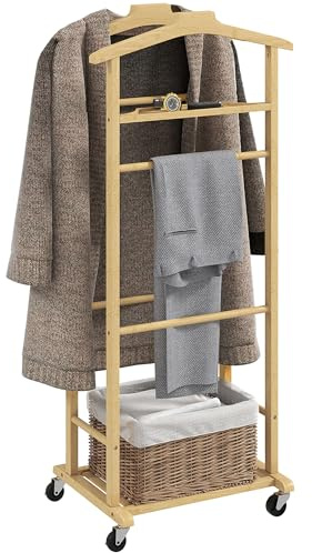 HOMCOM Galán de Noche de Bambú, Perchero con Ruedas, Colgadores de Ropa, Barras para Pantalones, Bandeja y Zapatero, Perchero Burro para Dormitorio, Pasillo, 47x33,7x105,5 cm, Natural