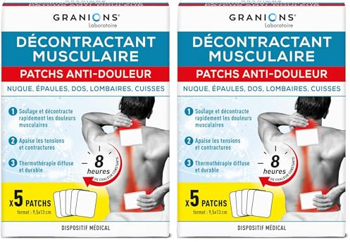 GRANIONS DECONTRACTANT MUSCULAIRE PATCHS ANTI-DOULEUR effet chauffant - Nuque, épaules, dos, lombaires, cuisses - 8 heures de chaleur diffuse et constante - action rapide - 5 patchs Dispositif médical