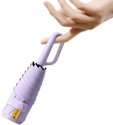 Mini Travel Folding Umbrella with Carabiner Handle for Women Men Kids/Compact Portable/Lightweight Small/6 Ribs/Anti UV Protection/Teflon Coating/Waterproof/Sun Rain/Fits Handbag&Purse