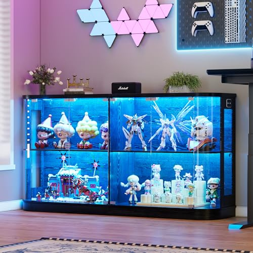Vetrina Soggiorno in Vetro con LED, 2 in 1 Vetrina Espositiva/Mobile TV con Sensore e Vetro Curvo, 160 x 85 x 38cm, Moderni Espositore Plexiglass Vetrinetta Espositiva per Collezionismo lego Soggiorn