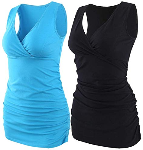 ZUMIY Camiseta de lactancia materna, camisa de lactancia materna, cuello en V de algodón para mujer, cintura fruncida con doble capa