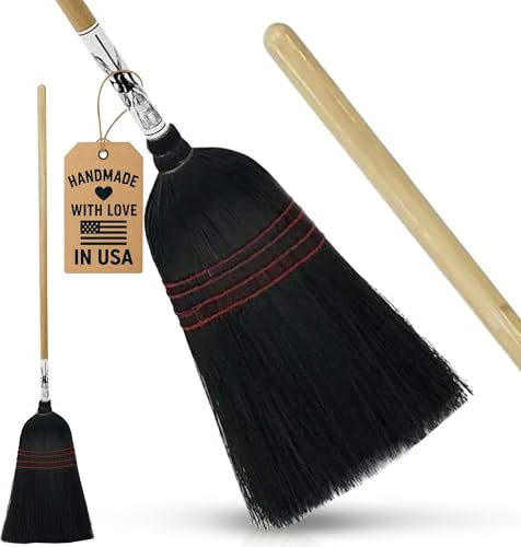 Handmade Amish Corn Broom with Wooden Handle – 57 Heavy Duty Broom for Courtyard, Lobby & Market, 100% Corn Fill Straw Broo'm, 4 Sews Indoor & Outdoor Bristle for Sweeping - Black