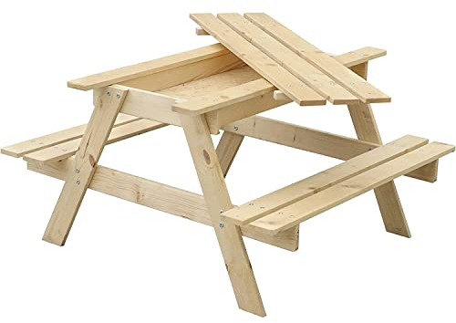 TIMBELA M010-1 Kinderstuhl-Set aus Naturholz mit Staufach - H50 x 90 x 90 cm Stabile Kinderbank fürs Picknick mit Staufach - Kindermöbel für drinnen und draußen