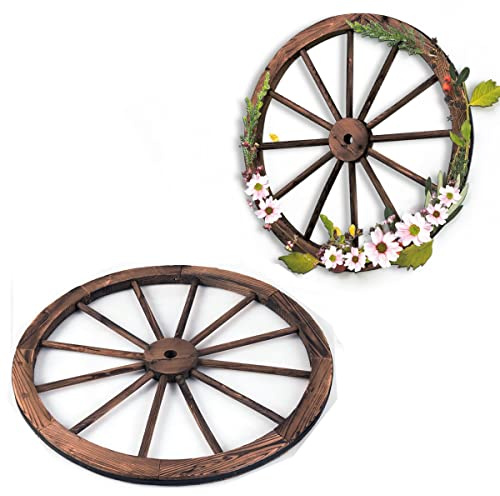 Giantex-2 Ruedas de Carro de Madera, Ruedas de Madera de 12 Radios, Placa de Hierro, Marrón, Ruedas Decorativas para Bares, Jardines, Restaurantes, 76 x 76 x 3,5 cm
