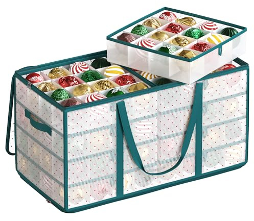 SONGMICS Christmas Ornament Storage Box, Storage Cube Bin for Christmas Decorations, 128 Box Places, Modular Dividers, 64.5 x 33.5 x 34 cm, Forest Green RFB029C01