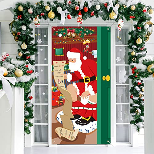 DPKOW Funny Santa Claus Banner for Christmas Decoration, Fabric Door Cover Christmas Door Banner Christmas Poster Wall Decoration, Christmas Outdoor Background Decoration Backdrop, 180 * 90cm