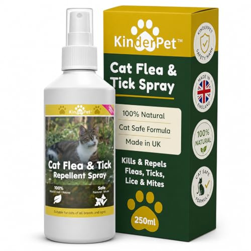 KinderPet® Cat Flea Treatment Spray Kills Protects against Ticks Lice Mites Control Kill Fleas and Eggs For The Home Safe Natural Effective Made in The UK Big Value 250ml