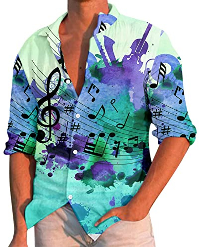 Herr ledig musik tryck plus storlek skjorta långa ärmar reverskrage skjorta män musik element tryck kofta tunika med knappslå och långa ärmar män fritidsskjortor strandskjortor, Minegrön, XL