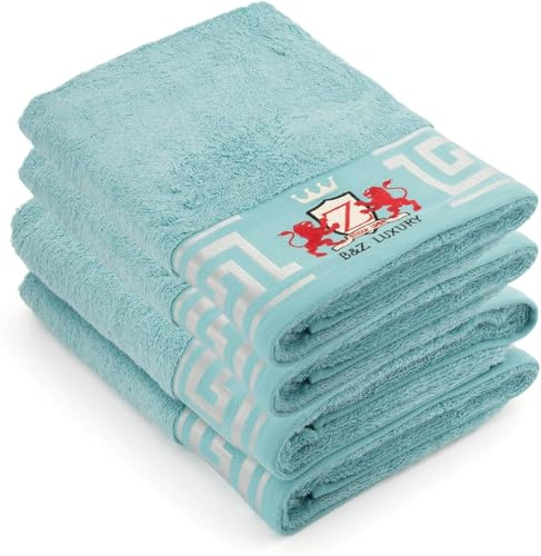 BZ Luxury Set Asciugamani Bagno Turchese 4 Pezzi 70x40 cm 500 gr/m² Bamboo Cotone – Spugna Viso Mani Ospiti – Super Assorbenti Alta Grammatura – Hotel Spa Palestra OEKO-TEX