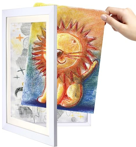 Mkitnvy Cornici Disegni Per Bambini(Bianco),Quadri Porta Disegni, Cornici Artistiche con Apertura Frontale, da Parete A4 Legno per Opere d'Arte
