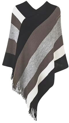 Rayson Cape Poncho Femme Tricoté avec Rayures Hiver Chaud Poncho Chale Femme Long col V Chic Crochet Pull Poncho avec Franges(Noir,Taille Unique)