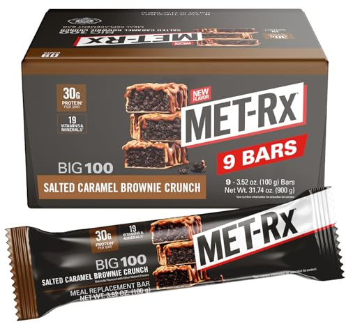 MET-Rx Big 100 Protein Bar, Meal Replacement Bar, 32G Protein, Salted Caramel Brownie, 9 Count, 3.52 Oz.