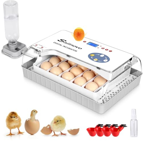 Sailnovo - Incubadora de 20 huevos para pollos, otras aves + 20 huevos + incubadora totalmente automática + control de temperatura + indicador de humedad + adición de agua externa - Blanco