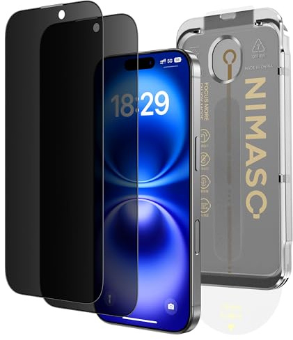 NIMASO DSP24G1359 Peeping Prevention, Glass Film for iPhone 16 / iPhone 15 Full Protection, Black Edge, Automatic Dust Removal, Tempered Glass, Easy to Apply Protective Film, Anti-Fingerprint, Guide