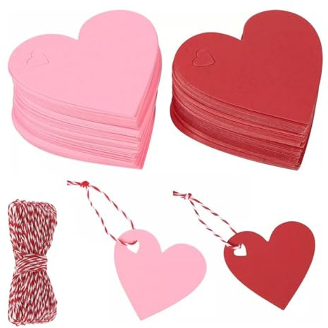 200 st. Rosa hjärtformade kraftpappershangar, Rosa presentetiketter, Hjärtformade kraftpappershangar och etiketter i rött samt bomullstråd 20 m för fest, födelsedag, alla hjärtans dag, jul, bröllop