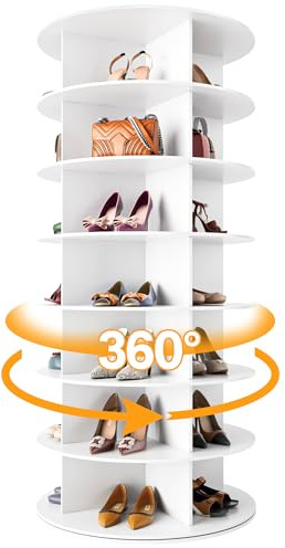 MAGIC UNION Roterande skohylla torn 7 nivåer organisatör, vertikal snurrande skodisplay Lazy Susan, roterande 360 vit skohylla förvaring rund karusell, rotera skor garderob organisation