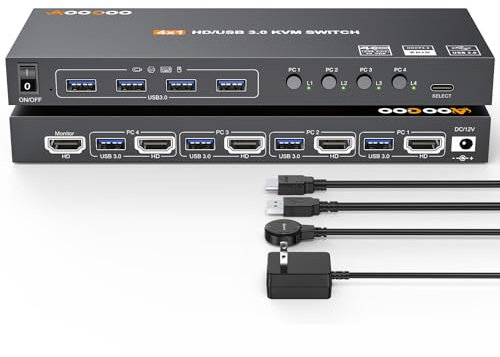 KVM Switch HDMI 4K@60Hz/2K@120Hz, HDMI KVM Switch für 4 Computer, die sich 1 Monitor und 4 USB3.0-Geräte teilen, Kabelfernbedienung und USB-Kabel im Lieferumfang enthalten