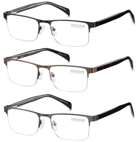 EYECEDAR 3-Pack Reading Glasses for Men Blue Light Blocking Rectangular Half Frame Metal Spring Hinges Eyeglasses Readers for Men 2.0