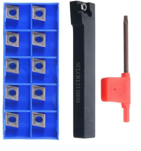 SCLCR1212H09 12 x 100 mm Drehwerkzeughalter + 10 Stück CCMT09T304 Hartmetall-Einsätze + Schraubenschlüssel-Set für Halbbearbeitung
