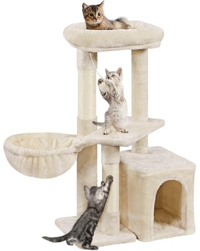 Yaheetech Cat Tree 87cm Small Cat Tower Indoor kittens Climbing Tower w/Scratching Posts for Kittens Multi-Level Pet Activity Center w/Large Condo＆Perch, Beige