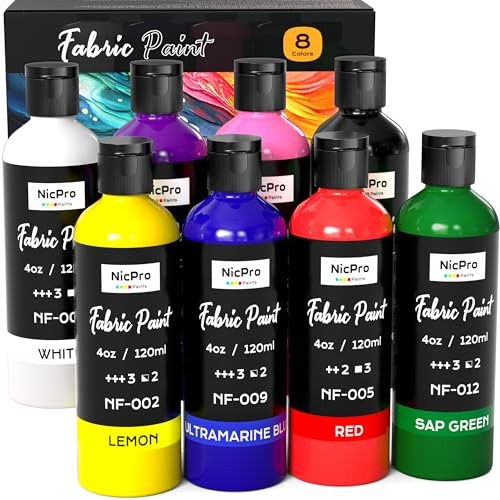 Nicpro 8 Colors Permanent Fabric Paint (4 oz, 120 ml) Soft Fabric Paint for Clothes, Non-Toxic Textile Paint for Fabric DIY Crafts, T-shirts, Shoes Jeans Bags Canvas for Kid Adult with Color Wheel