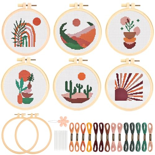 JSRQT 6 st Boho-landskap korsstygnskit för nybörjare och vuxna, gör-det-själv, handgjord nål broderikit för hantverksälskare, broderi startkit för heminredning, med 2 broderiringar och verktyg