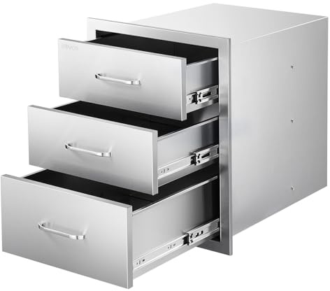 VEVOR Cassettiera per Barbecue da Esterno da 46 x 59 x 59 cm Carico di 20 kg, Cassetti per Griglia Tripli in Acciaio Inox con Maniglie, per Cucina da Esterno o Isola per Griglia da Giardino