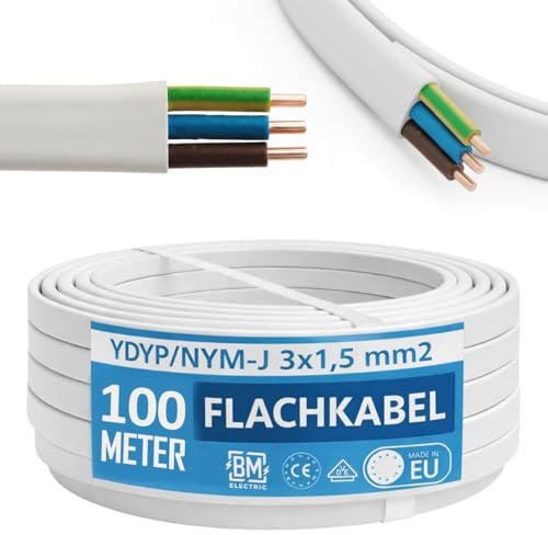 NYM Cavo 3 x 1,5 mm² YDYp - Cavo di alimentazione a 3 poli, cavo piatto 100 m, 10 × 5 mm, passacavo per finestre, cavo per ambienti umidi, conduttore in rame massiccio, 300/500 V