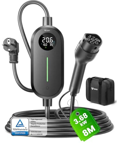 GONEO Cargador EV Tipo 2 Schuko 3,68 kW 16 A, Cable de Carga portátil de 8 m, 1 Fase 230 V, Wallbox móvil con Pantalla LCD, Temporizador e IP66, para ID.3, ID.4, Zoe, Model 3, Q3, X3 PHEV