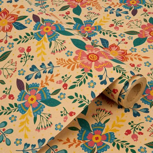 Rouleau de papier cadeau fleuri 43 cm x 10 m - Papier kraft recyclable pour anniversaires et mariages