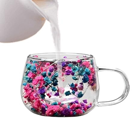 Bicchiere da caffè a doppia parete con fiori secchi, 368,5 g, design con fiori secchi, da caffè trasparente, elegante bicchiere da tè con manico