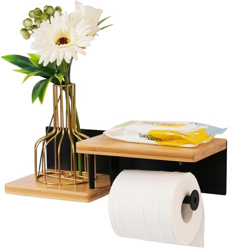 auvstar Porte Papier Toilette Mural, Support Papier Toilette avec Plateau de Rangement Double Couche en Bois pour Téléphone, Bougies, 1 Pièce