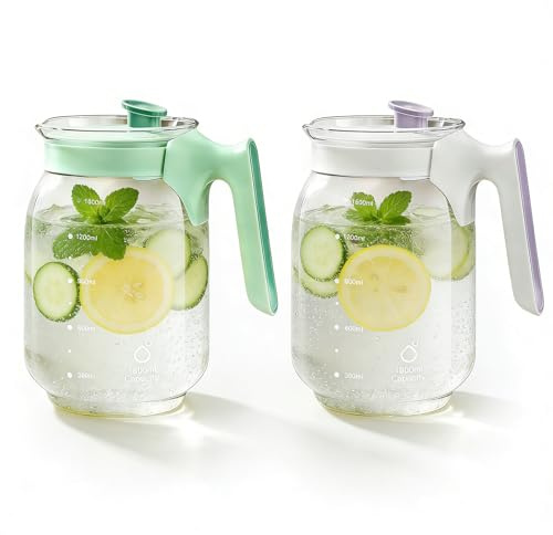 2 stycken glaskaraff 1,8 l vattenkaraff glas vattenkanna karaff glas med lock, vattenkanna glaskanna glasflaska för gör-det-själv-drycker, fruktte, juice, mjölk, kaffe