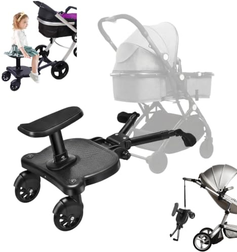 Mqwdxzfes Planche à Pieds Poussette 2-en-1, Siège Amovible 25kg – 2-6 Ans | Planche Poussette Universelle Antidérapante Avec Roues PU 360°, Bande Auto-Aggrippante & Hauteur & Longueur Réglables