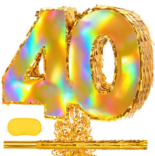 WERNNSAI Gold Foi Number 40 Pinata Pull String Number Pinata for Birthday | Pinata Bundle with Blindfold and Stick 40th Birthday Party Decorations Holographic Gold 40 Pinata Party Supplies